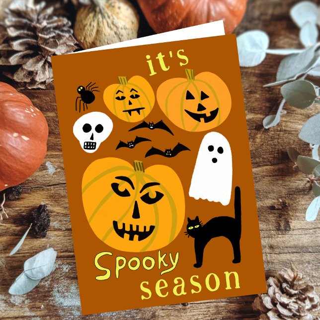 Carte Saison éffrayante Citrouilles Ghost Bat HAPPY HALL (Spooky Season Pumpkins Ghost Bat HAPPY HALLOWEEN Autumn October Fall Cute Greeting Card
)