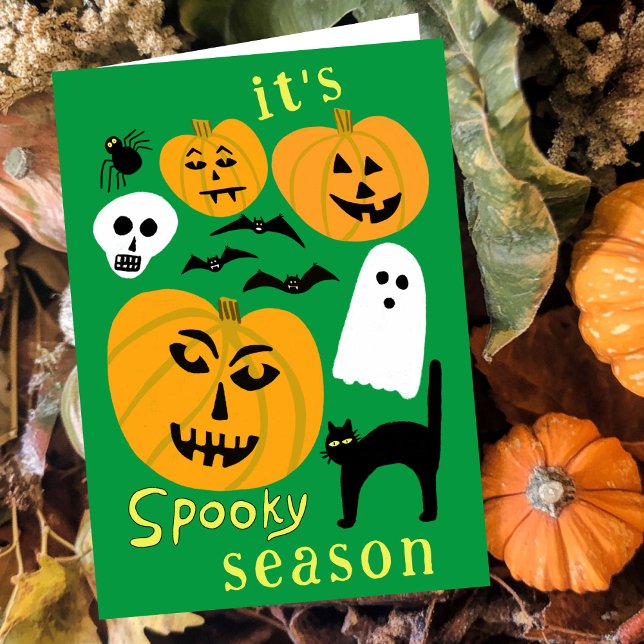 Carte Saison éffrayante Citrouilles Ghost Bat HAPPY HALL (Spooky Season Pumpkins Ghost Bat HAPPY HALLOWEEN Autumn October Fall Cute Hand-drawn Card
)