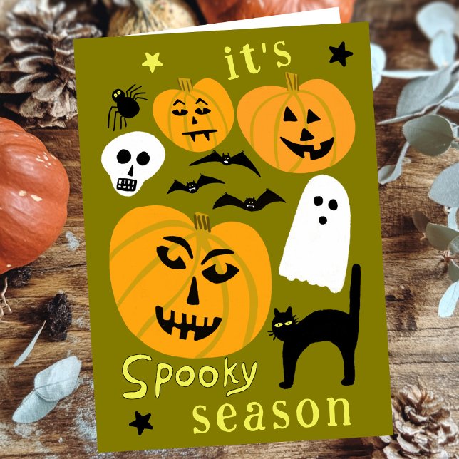 Carte Saison éffrayante Citrouilles Ghost Bat HAPPY HALL (Spooky Season Pumpkins Ghost Bat HAPPY HALLOWEEN Cute Hand-drawn Autumn October Card
)