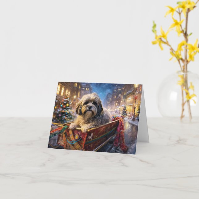 Carte Saison Festive de Noël de Lhasa Apso (Fleur jaune)