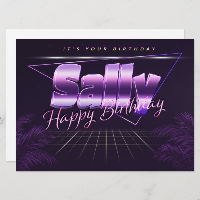 Carte Sally Name Prénom lila retro Map Anniversaire (Devant / Derrière)