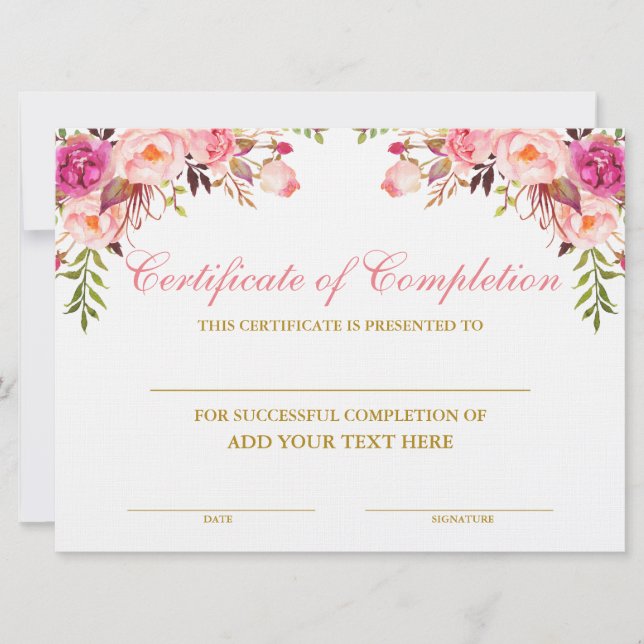Carte Salon de beauté Rose Floral Certificat d'achèvemen (Devant)