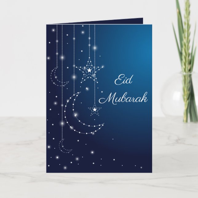 Carte Salutation blanche bleue élégante d'Eid (Devant)