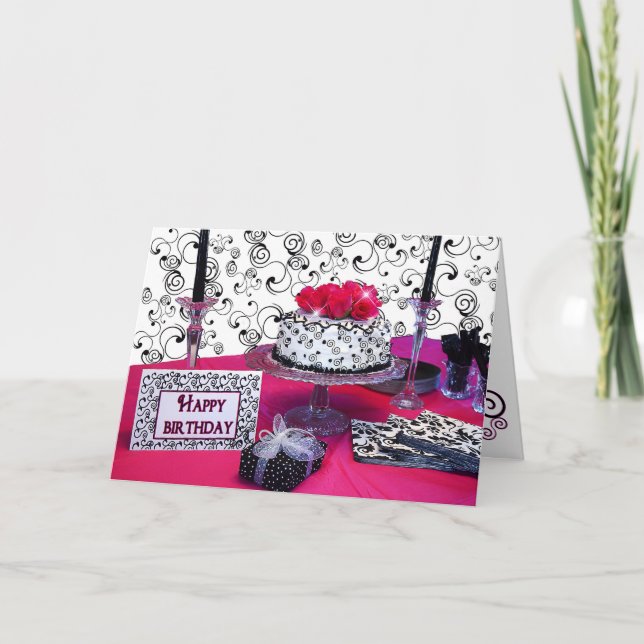 Carte Salutation d'anniversaire - Gâteau avec/Fleurs Fuc (Devant)