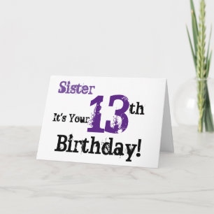 Carte Salutation de 13e anniversaire de soeur en noir, v