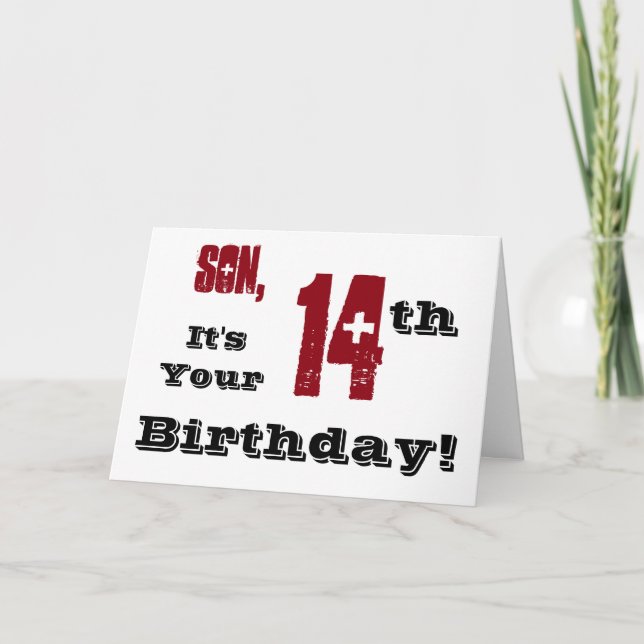Carte Salutation de son 14e anniversaire en noir, rouge, (Devant)