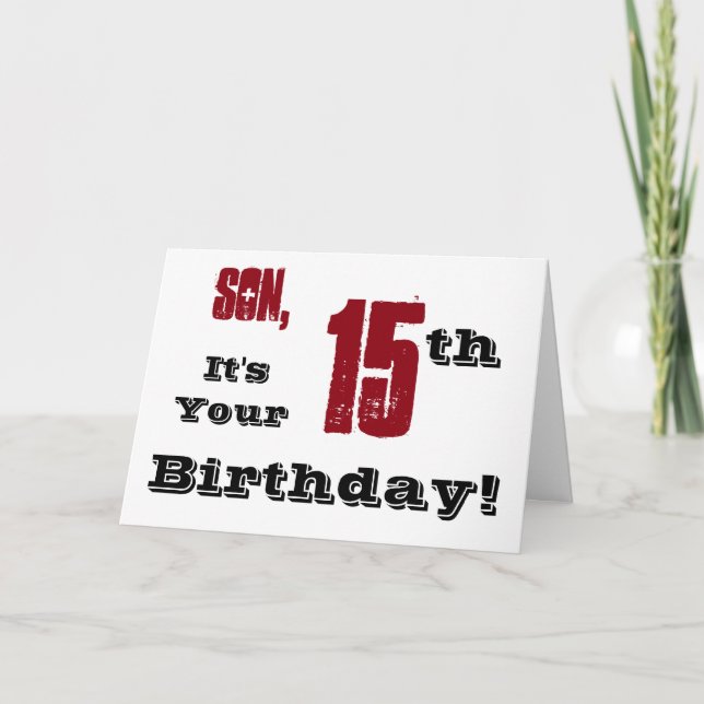 Carte Salutation de son 15e anniversaire en noir, rouge, (Devant)