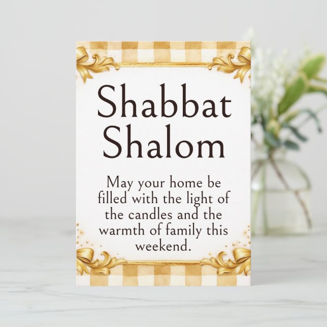 Carte Salutation Shabbat Shalom, Gingham Brun Blanc Or (Debout devant)
