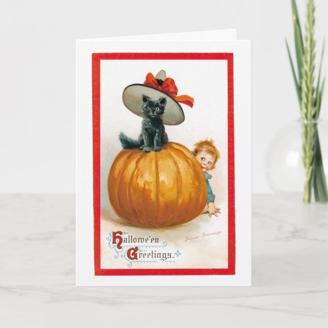 Carte Salutation vintage de chat noir Halloween (Devant)