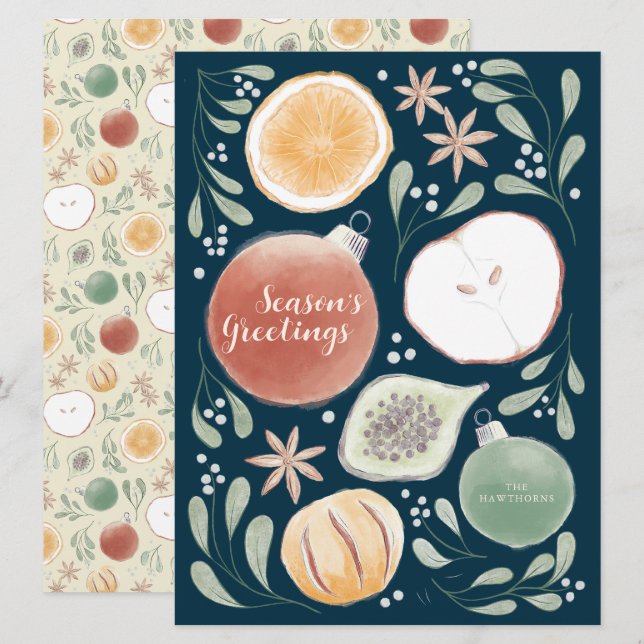 Carte Salutations de saison Fruits à plat - Bleu (Devant / Derrière)
