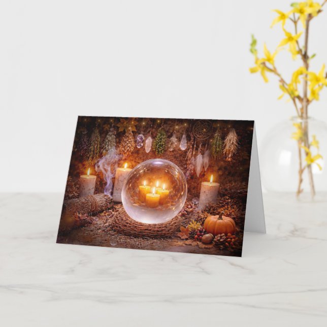 Carte Salutations de Samhain avec bougies herbes cristau (Fleur jaune)
