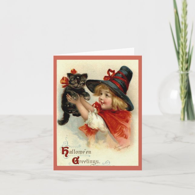 Carte Salutations d'Halloween Fille au Chat Noir Vintage (Devant)