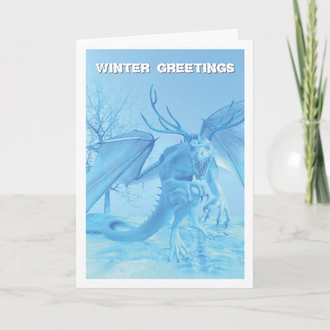Carte Salutations d'hiver. Dragon de glace avec bois (Devant)