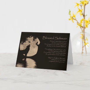 Carte Samhain avec Hibou Loup Corbeau et Lune Sabbat