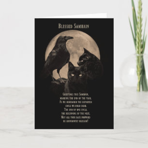 Carte Samhain Blessings Corbeau et Chat noir