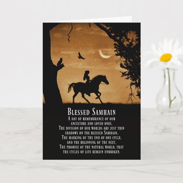 Carte Samhain Pagan Cheval et Cavalier avec Hibou et Cor (Petite plante)