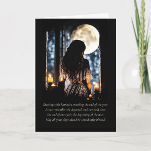 Carte Samhain Salutations avec bougies lune Mystique