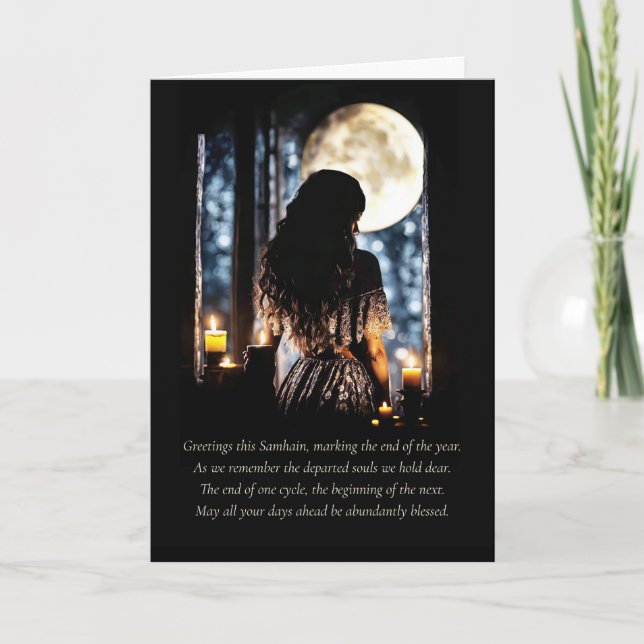 Carte Samhain Salutations avec bougies lune Mystique (Devant)