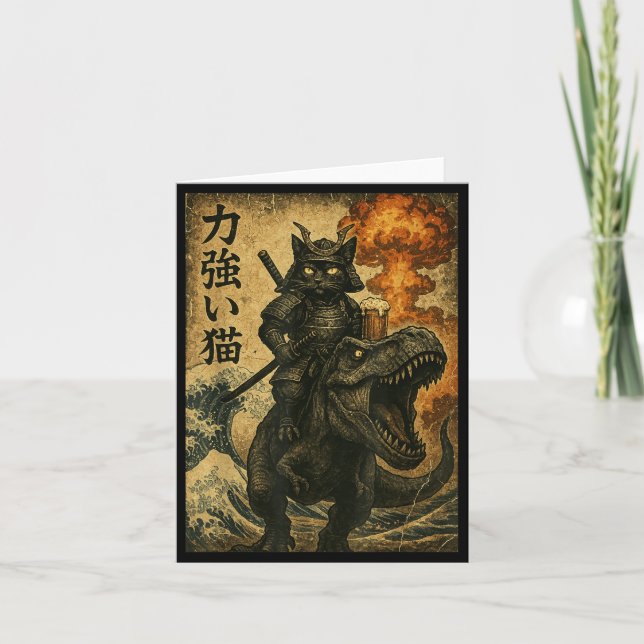 Carte Samouraï Chat Noir Dinosaure Vague de Mer (Devant)