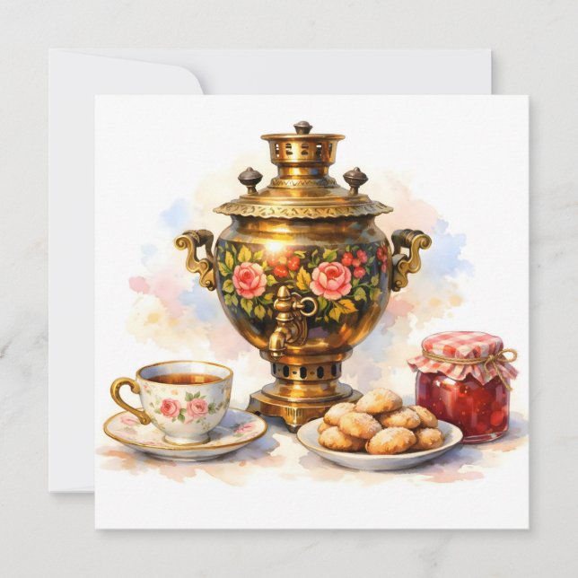 Carte Samovar russe aquarelle avec biscuits et confiture (Devant)