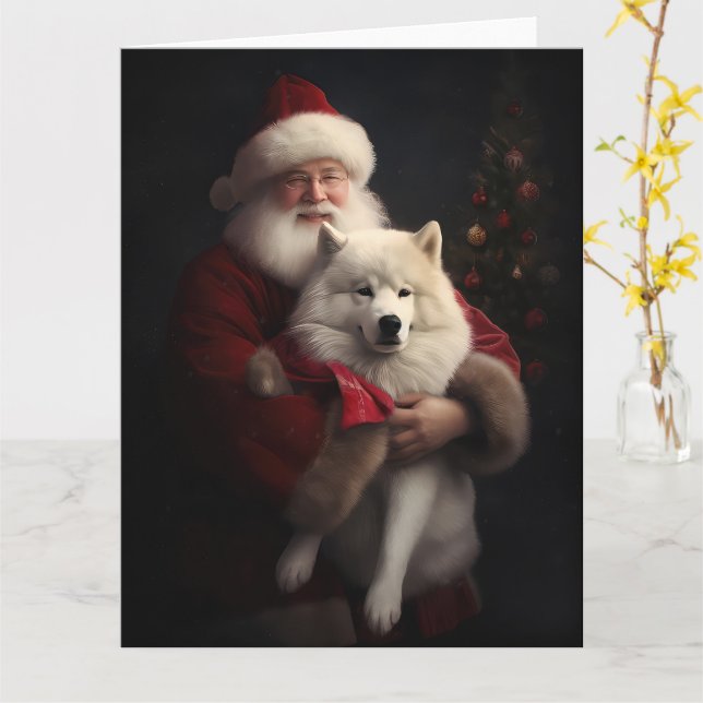 Carte Samoyé Avec Noël Festif Du Père Noël (Fleur jaune)