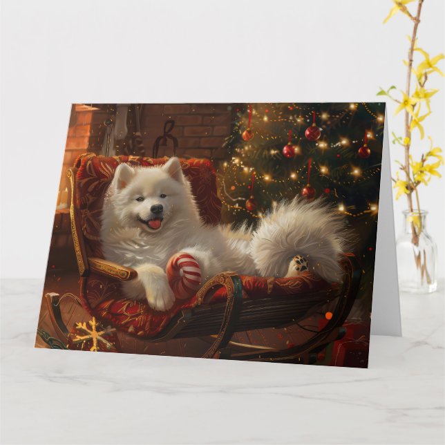 Carte Samoyed Chien Festive de Noël (Fleur jaune)