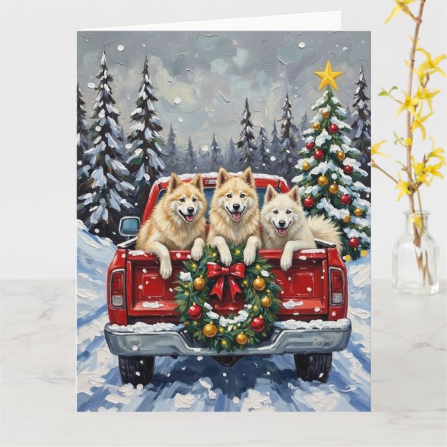 Carte Samoyed Noël Camion Rouge Fêtes (Fleur jaune)