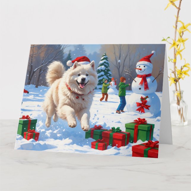Carte Samoyed Running en neige avec Casquette de Noël (Fleur jaune)
