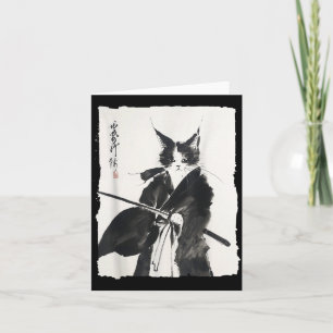 Carte Samurai Chat Guerrier Encre - Félin d'Art Japonais