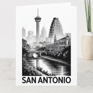 Carte San Antonio Texas Skyline Noir et Blanc Gravure su