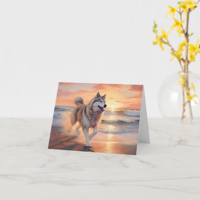 Carte Sandy Paws Alaskan Malamute Chien sur le coucher d (Fleur jaune)