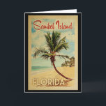 Carte Sanibel Island Palm Tree Vintage Travel<br><div class="desc">A uniquely retro mid-century modern Sanibel Island Florida art print in vintage travel poster style. It features a curved palm tree on sandy beach with ocean under a blue cloudy sky.</div>