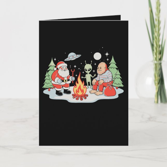 Carte Santa Bigfoot Alien Feu de camp Noël Vacances (Devant)