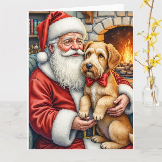 Carte Santa Claus Holding Airedale Christmas Art (Fleur jaune)