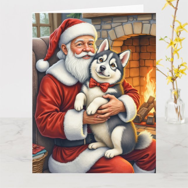 Carte Santa Claus Holding Alaskan Malamute Christmas Art (Fleur jaune)