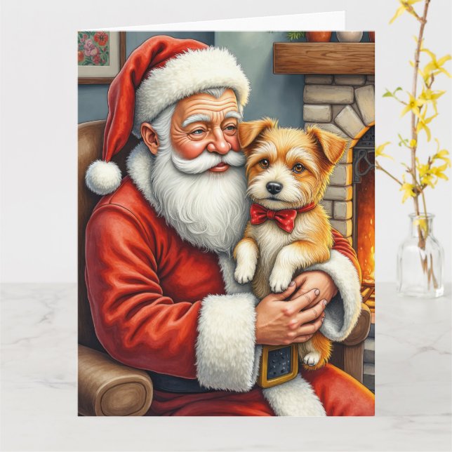Carte Santa Claus Holding Australian Terrier Christmas  (Fleur jaune)