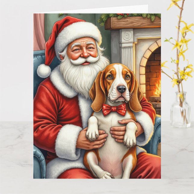 Carte Santa Claus Holding Basset Hound Christmas Art (Fleur jaune)