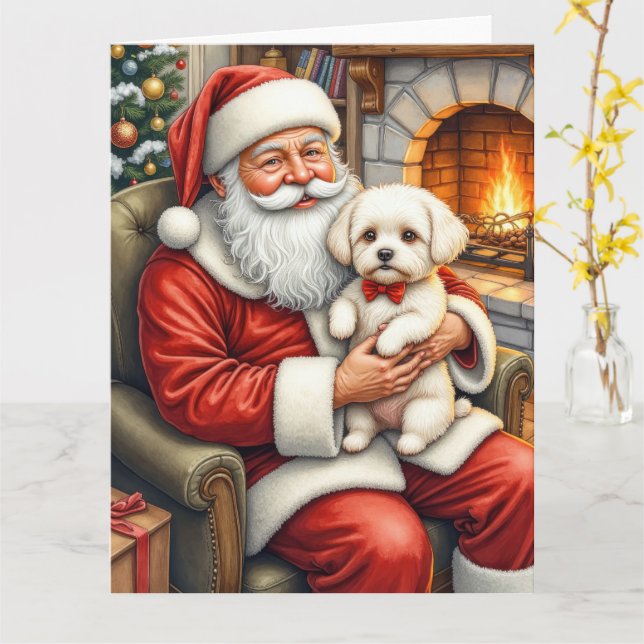 Carte Santa Claus Holding Bichon Frise Christmas Art (Fleur jaune)