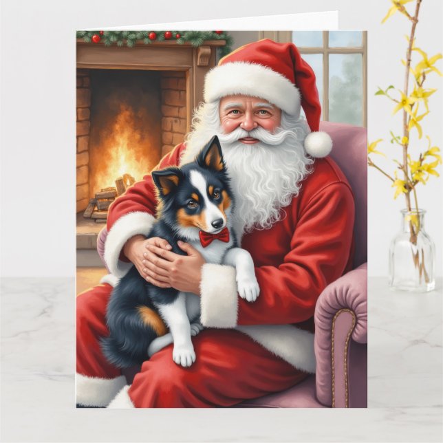 Carte Santa Claus Holding Border Collie Christmas Art (Fleur jaune)