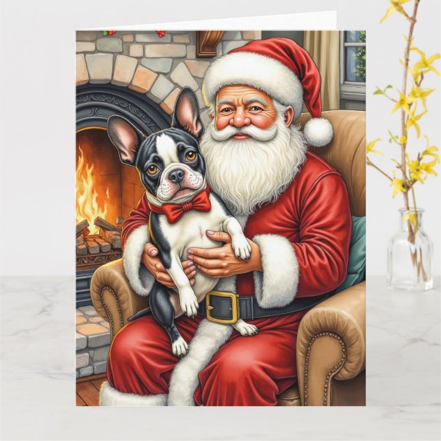 Carte Santa Claus Holding Boston Terrier Christmas Art (Fleur jaune)
