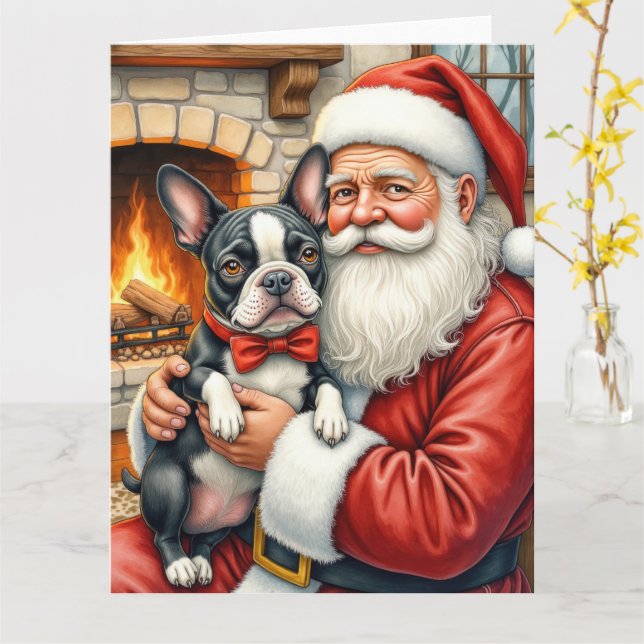 Carte Santa Claus Holding Boston Terrier Christmas Art (Fleur jaune)