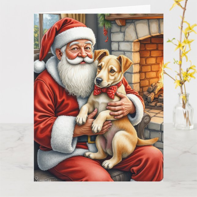 Carte Santa Claus Holding Bouvier des Flandres Christmas (Fleur jaune)