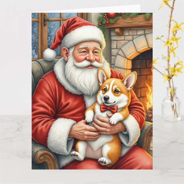 Carte Santa Claus Holding Corgi Christmas Art (Fleur jaune)