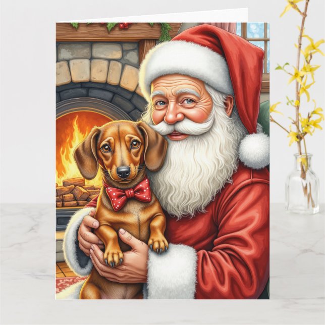 Carte Santa Claus Holding Dachshund Christmas Art (Fleur jaune)