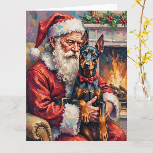 Carte Santa Claus Holding Doberman Christmas Art (Fleur jaune)