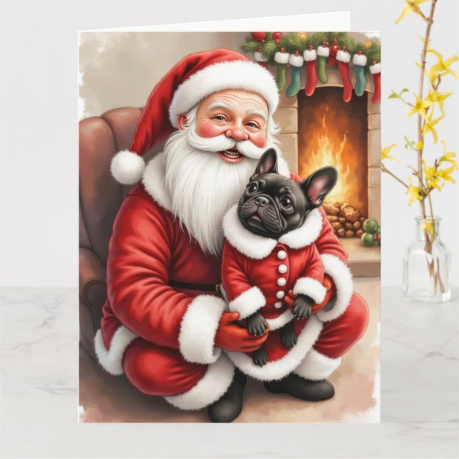 Carte Santa Claus Holding French Bulldog Christmas Art (Fleur jaune)