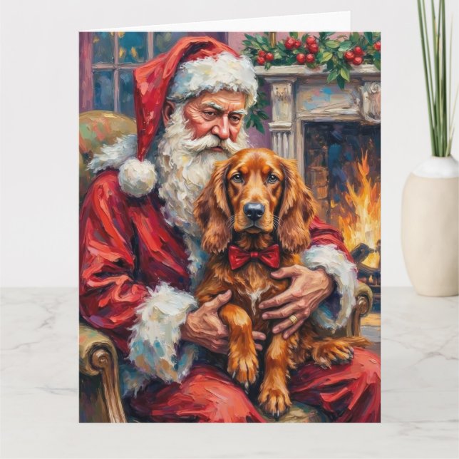 Carte Santa Claus Holding Irish Red Setter Christmas Art (Devant)