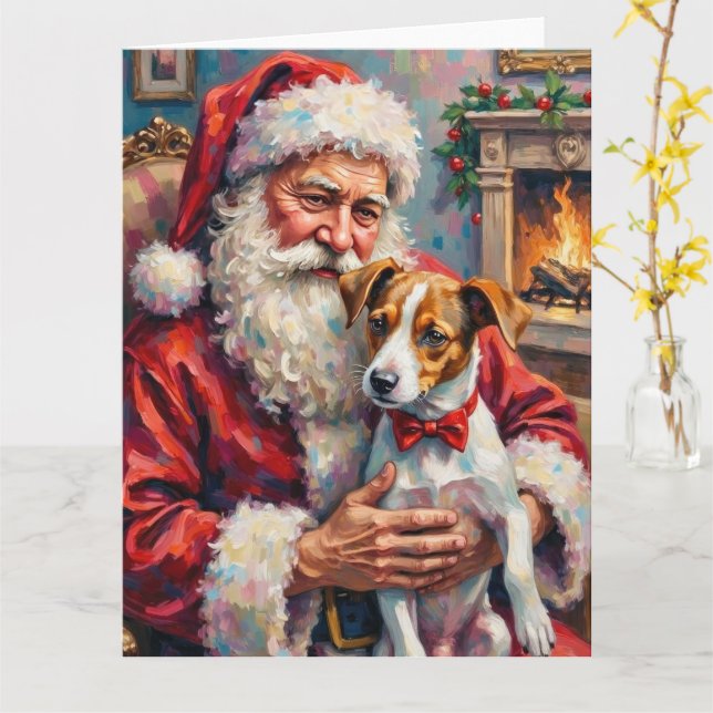 Carte Santa Claus Holding Jack Russell Christmas Art (Fleur jaune)