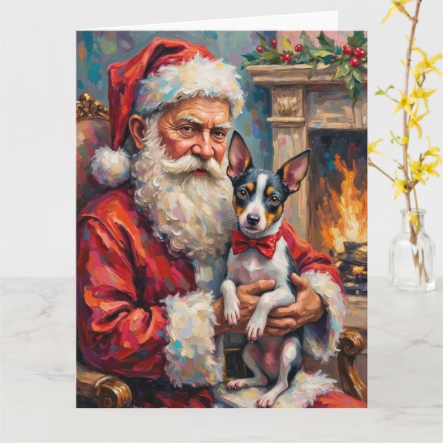 Carte Santa Claus Holding Rat Terrier Christmas Art (Fleur jaune)