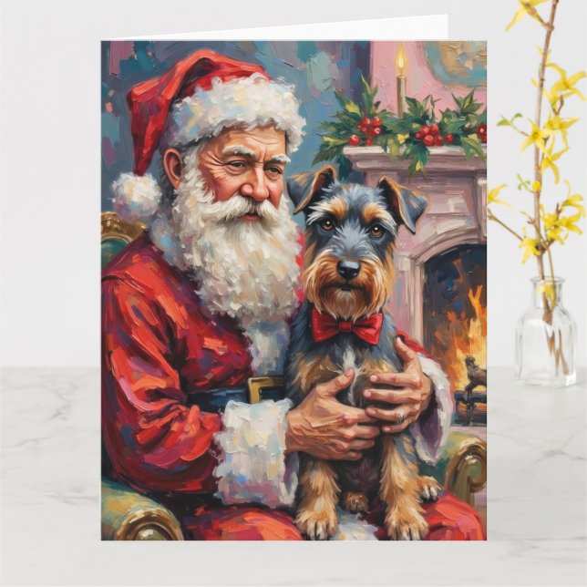Carte Santa Claus Holding Schnauzer Christmas Art (Fleur jaune)